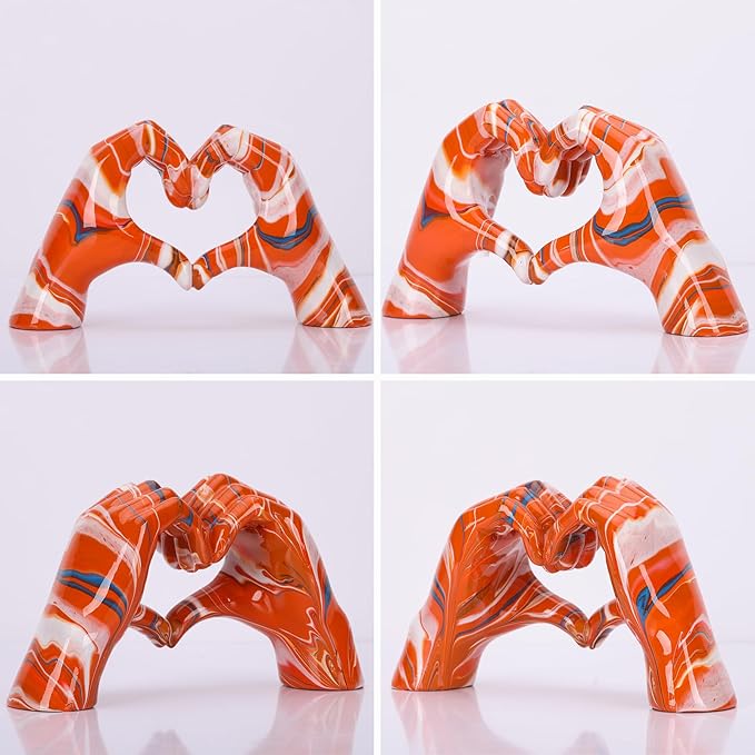DOVDOV Colourful Hand Heart Decoration, Hand and Heart Statue, Love Finger Sculpture Wedding Decoration, Orange Resin, Modern, Tabletop, 9.8"L x 3.1"W x 5.9"H