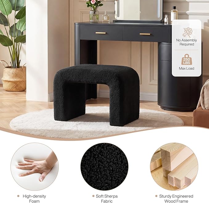 Tribesigns Set of 2 Modern Vanity Stool, Sherpa Upholstered Foot Stool Ottoman, Large Foot Rest for Couch, Shoe Bench for Entryway, Extra Seating for Living Room, Bedroom, No Assembly, Black