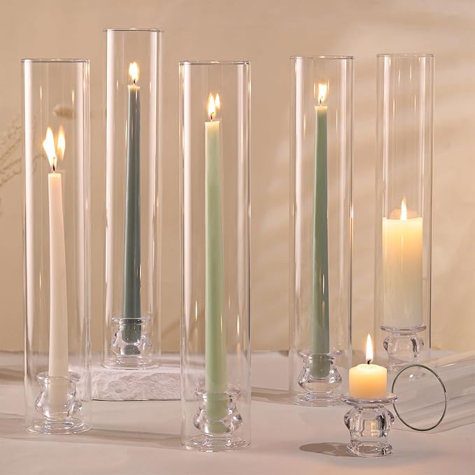 Volens Hurricane Glass Candle Holders- Set of 6 Candlestick Holders for Taper Candles with Windproof Cylinder Covers 14" Tall Clear Glass Chimney Cover for Wedding Table Centerpiece Home Decor