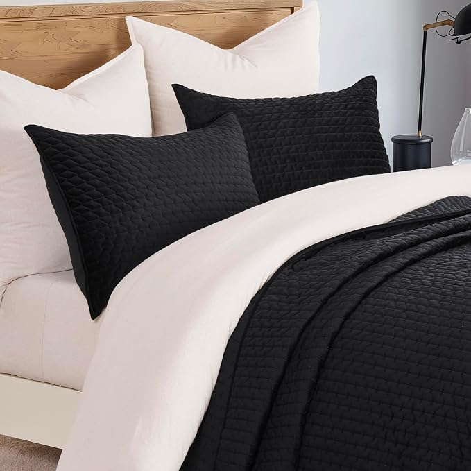 EverGrace Luxury Velvet Quilt Bedding Set Full Queen Size 3 Pieces with Pillow Shams, Soft Cross-Stitch Velvet Comforter Set, Lightweight Coverlet Bedspread for All Seasons, Black