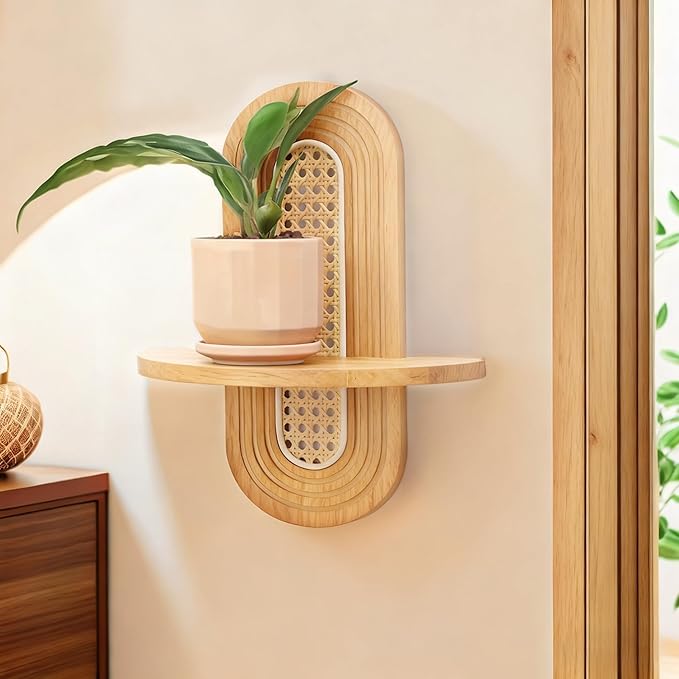 Floating Shelves for Wall, Boho Home Wall Decor,Rattan Plant Shelf Set of 2, Mid Century Small Decorative Shelf, Natural Wood Shelves for Living Room,Bedroom,House,Office (Natural)