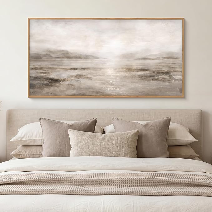 HPNIUB Abstract Neutral Brown Framed Canvas Wall Art Set,Modern Misty Lake Wall Decor, Watercolor Landscape Art Prints, Minimalist Texture Pastel Artwork for Living Room,Bedroom,Office- 20"x40"x1