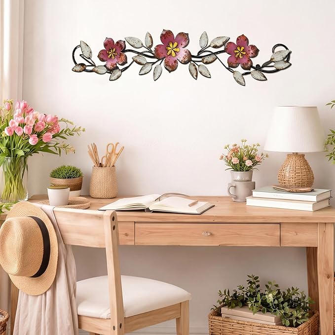 Wesiti Metal Flower Wall Decor Vintage Spring Metal Flower Wrought Iron Scroll Sculpture 15.7''x3.7'' Farmhouse Leaf Wall Decor with Nails for Spring Living Room Bedroom Indoor Outdoor (Pink)