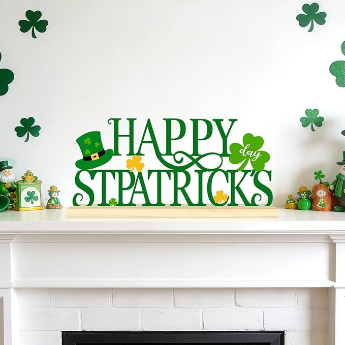 Metal Happy St. Patrick’s Day Table Sign, St. Patrick’s Day Tabletop Decoration with Wood Base, Green Shamrock Holiday Centerpiece Sign Decor for Home, Office, Shelf, Mantel Party Supplies（Patrick.A）