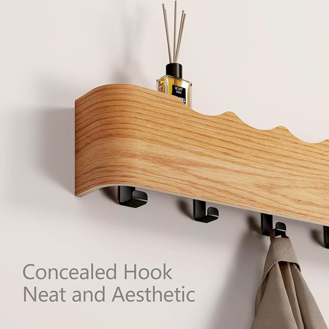 Wall Mounted Coat Rack with Shelf, Wooden Entryway Organizer with Hidden Metal Hooks for Hanging Coats Bags Keys, Modern Floating Shelf for Hallway Bathroom
