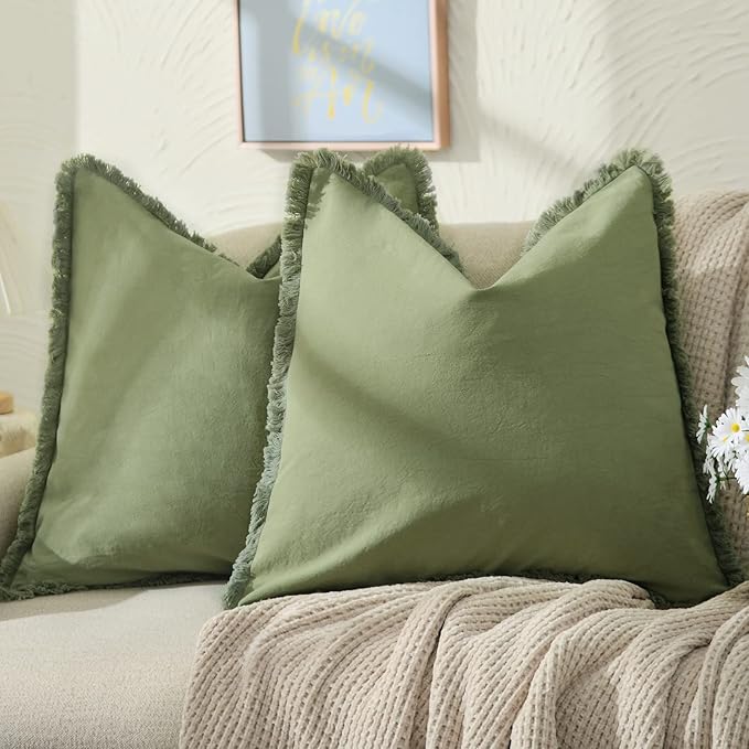 ZWJD Pillow Covers 20x20 Set of 2 Olive Green Throw Pillow Covers with Fringe Chic Cotton Decorative Pillows Square Cushion Covers for Sofa Couch Bed Living Room Farmhouse Boho Decor