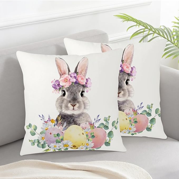 Easter Pillow Covers Spring Bunny Throw Pillow Covers Colorful Easter Eggs Pillow Cases 18x18 Set of 2 Lovely Rabbit Daisy Floral Cushion Cases for Home Farmhouse Couch Sofa