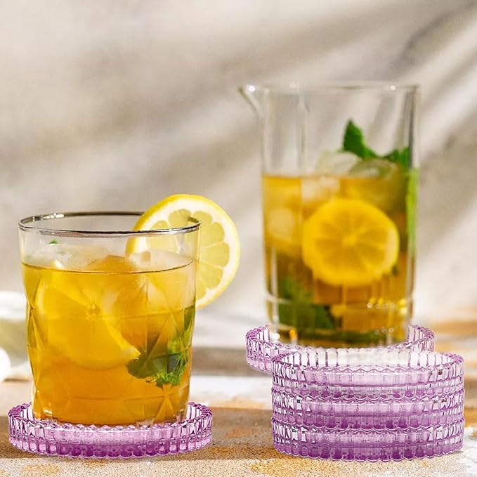 Modern Clear Coaster Set of 5- Glass Coasters for Drinks Crystal Coaster Round Cup Coasters Coffee Table Decor for Office, Kitchen, Bar, Dining Room, Living Room, Patio(Clear Purple)