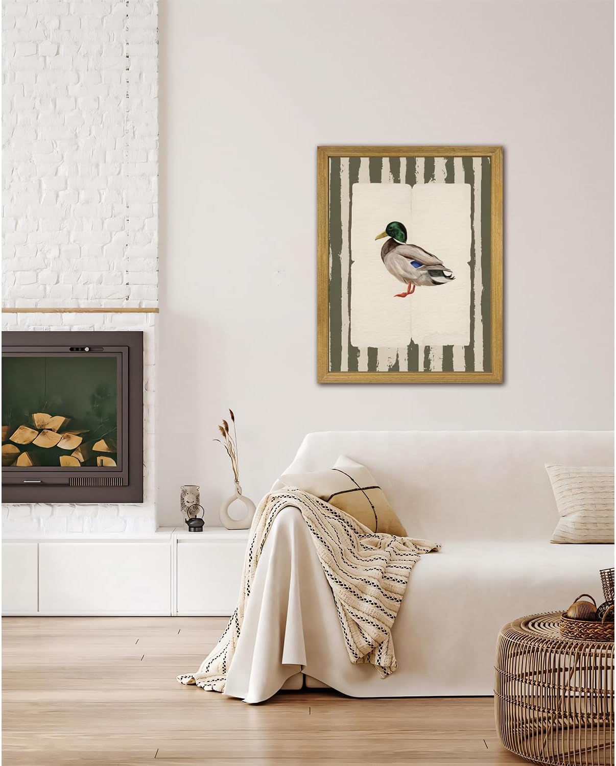 Vintage Framed Duck Wall Art Print, Rustic Mallard Bird Illustration Canvas Poster, Cottagecore Animal Artwork, Farmhouse Nature Wall Decor for Living Room Kitchen Bathroom Bedroom 16x24 inch