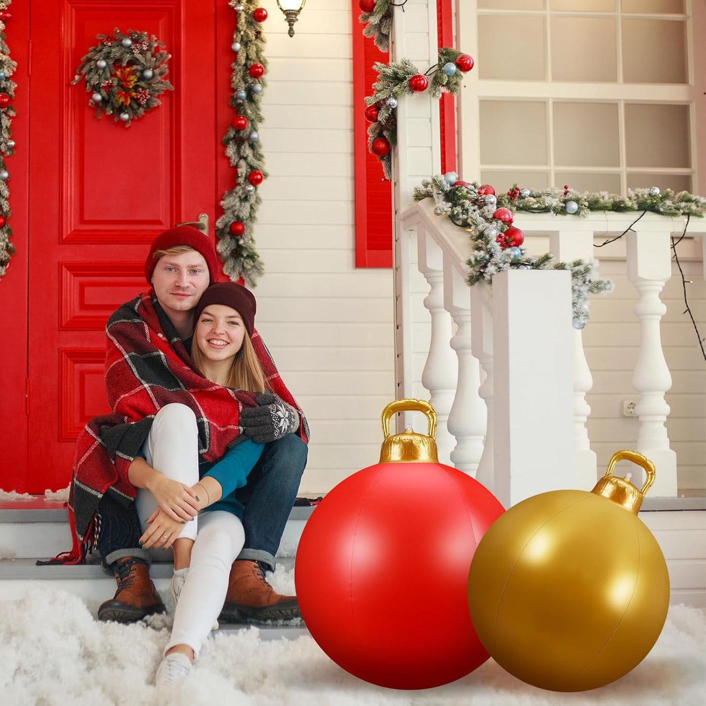 Jetec 3 Pcs Outdoor Light Up Christmas Ball Decorations Large Christmas Inflatable PVC Decorated Balls with Light 24 Inch,18 Inch Xmas Ornaments for Yard Lawn Porch (Red, Gold, Silver)