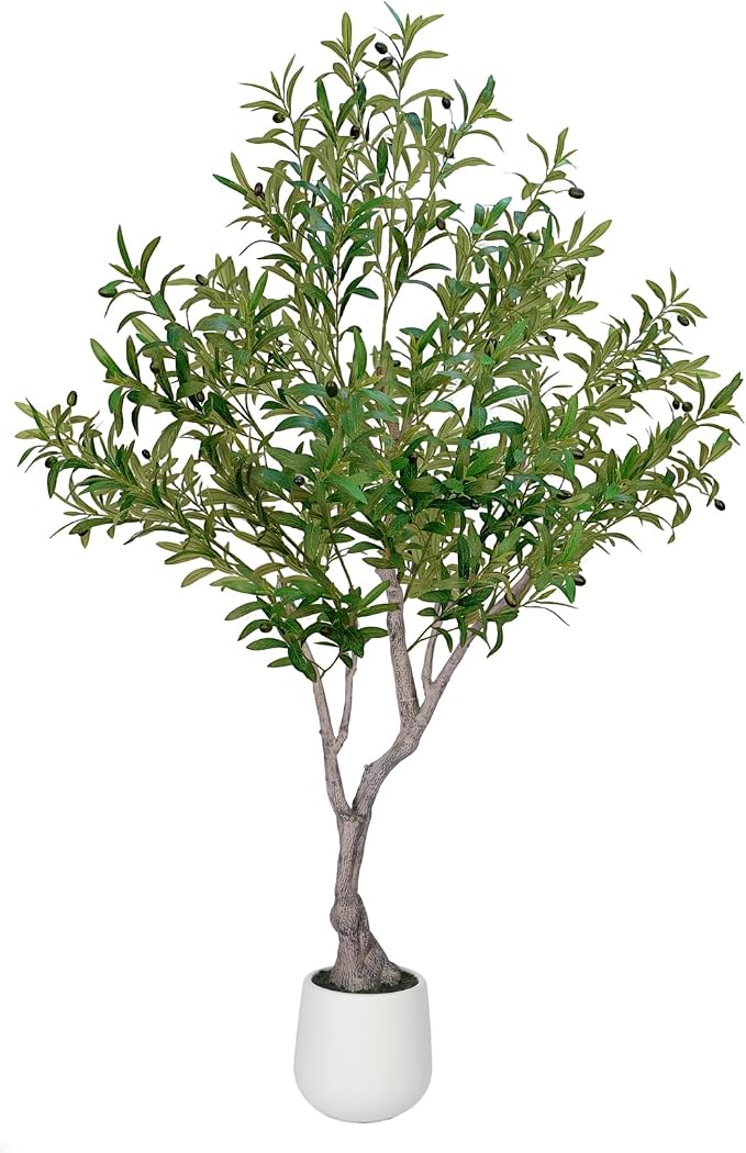 LYLYFAN Olive Tree Artificial Indoor 6FT Faux Olive Tree with White Tall Planter, Fake Olive Tree with Realistic Branches and Lifelike Fruits for Home Office Decor