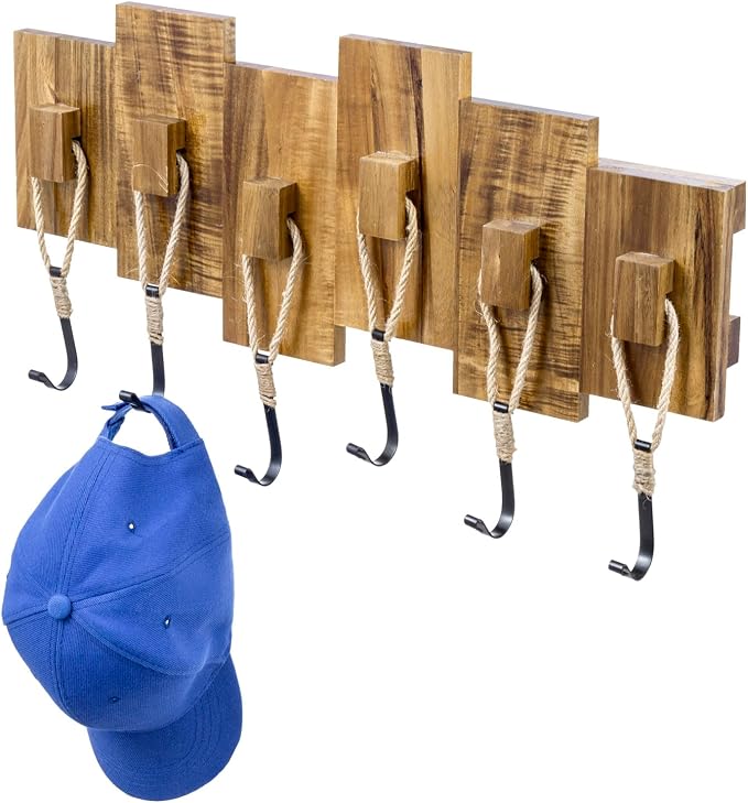 MyGift Wall Mounted Coat Rack, Premium Nautical-Style Wall-Mounted Acacia Wood Entryway Storage Rack with 6 Rope and Matte Black Metal Hooks