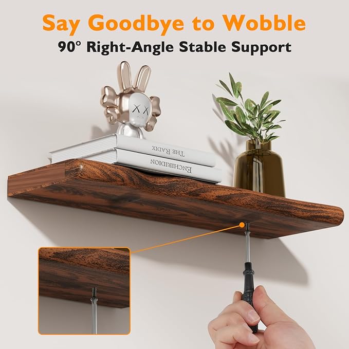 Solid Wood Live Edge Floating Shelves Set of 2 – 24" Rustic Wall Shelf with Hidden Bracket System, Wall Mounted Shelves for Bathroom, Kitchen, Living Room, Bedroom (Glazed Walnut)