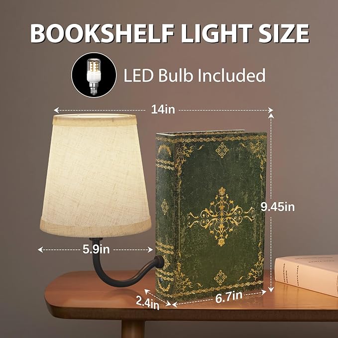 Vintage Bookshelf Lamp Rechargeable, Cordless | Linen Shade, Dimmable Touch Control, Modern Decorative Bookend, Book Lamp Design