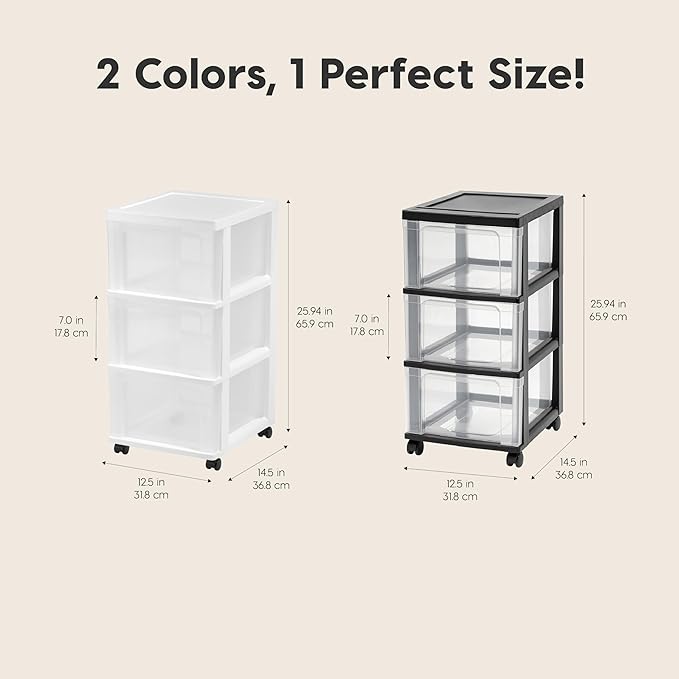 IRIS USA Plastic 3-Drawer Storage Organizer Rolling Cart, with Wheels Casters, 2-Pack, for Classroom Art Supplies Bathroom Dorm Bedroom Laundry Room, Slim Narrow, Black/Clear