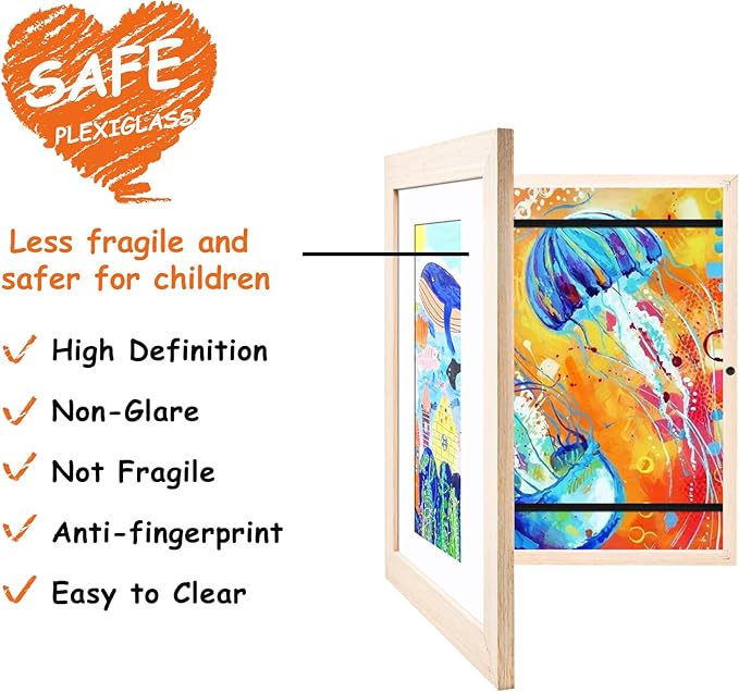 KINLINK 8.5x11 Kids Art Frame Set of 2, Solid Wood Kids Artwork Frames Changeable with Front Opening Hold 150 Pictures, Art Frames for Kids Art with Mat，without Mat 8.5x11 Picture Frame Natural