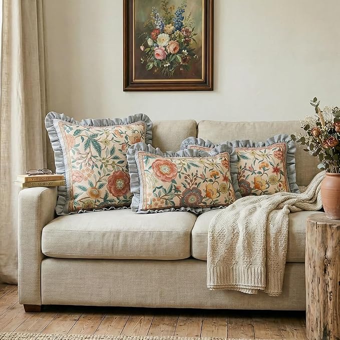 bilin gaier Vintage Linen Throw Pillow Cover,20"x12"-Flowershadow A | Designer Rectangular Pillow Cover,Concealed Zipper Design,Floral Pattern,Sofas,Bedroom,Living Room,Lounge Chairs
