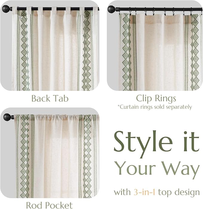 jinchan Boho Curtains Linen Blend Beige Farmhouse Curtains 84 Inches Long for Living Room Sage Green Square Embroidered Bordered Back Tab Bedroom Window Light Filtering Bohemian Drapes 2 Panels