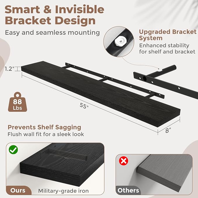 55 Inch Floating Shelves for Wall Set of 2, 8"D Wood Grain Bathroom Shelves with Invisible Brackets, Easy Install Engineered Wood Storage Shelves for Kitchen, Living Room, Bedroom, Black Finish