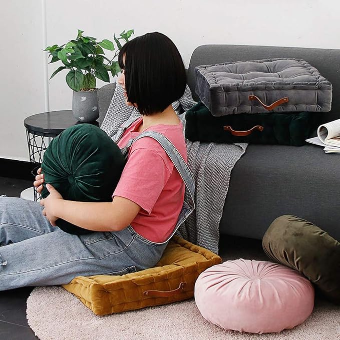 vctops Round Velvet Solid Color Chair Cushion Pumpkin Pleated Throw Pillow Home Decorative Floor Pillow Diameter 15" Dark Green
