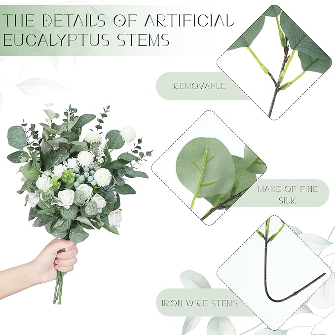 Giegxin 600 Pcs 3 Kinds Mixed Artificial Eucalyptus Leaves Stems Bulk Silver Dollar Leaves Picks Dried Eucalyptus Bundle Faux Spray for Wedding Vase Bouquet Floral Arrangement (Green)