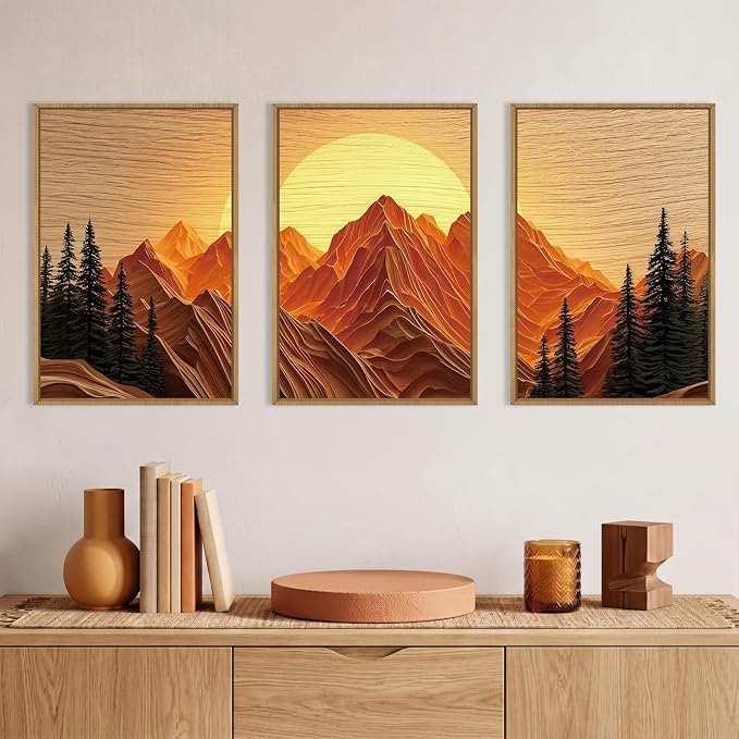 Large Boho Golden Mountain Framed Canvas Wall Art Set, Abstract Ridge Sunset Landscape Wall Decor, Natural Wooden Pine Tree Scenery Artwork for Living Room,Bedroom,Office-16 x24 x3