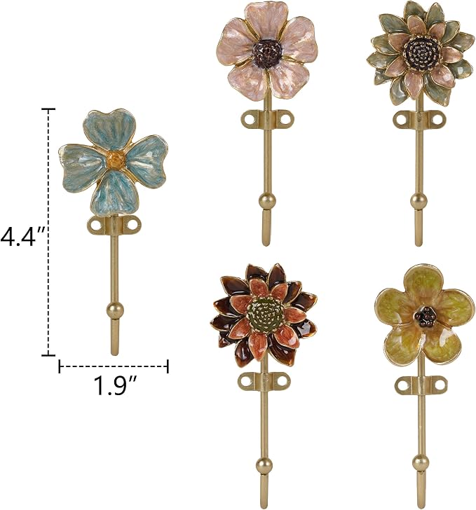 SOFFEE DESIGN Set of 5 Floral Wall Hooks, French Garden Eye-catching Entryway Decor for Coats Hats, Colorful Spring Home Decoration Gift