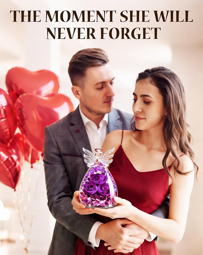 homeasy Roses Gifts for Women Birthday, Preserved Flowers Rose in Glass Angel Figurines, Forever Fresh Flowers for Delivery Gift Box for Wife Mom Her Grandma from Daughter
