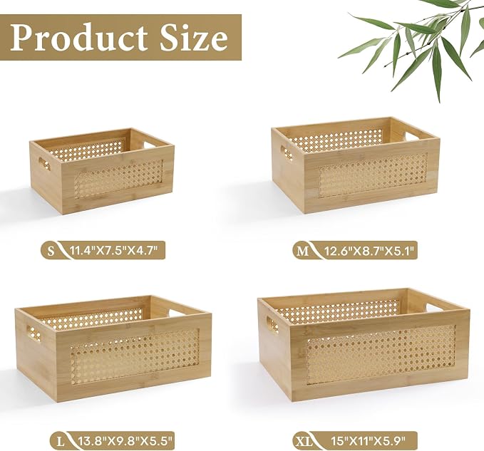 Wooden Storage Basket Set of 4 Handmade Rattan Drawer Storage Box with Frame & Handles Decorative Natural Bamboo Woven Bins Rustic Farmhouse Decor Home Office Tabletop Shelf Organizer, Natural