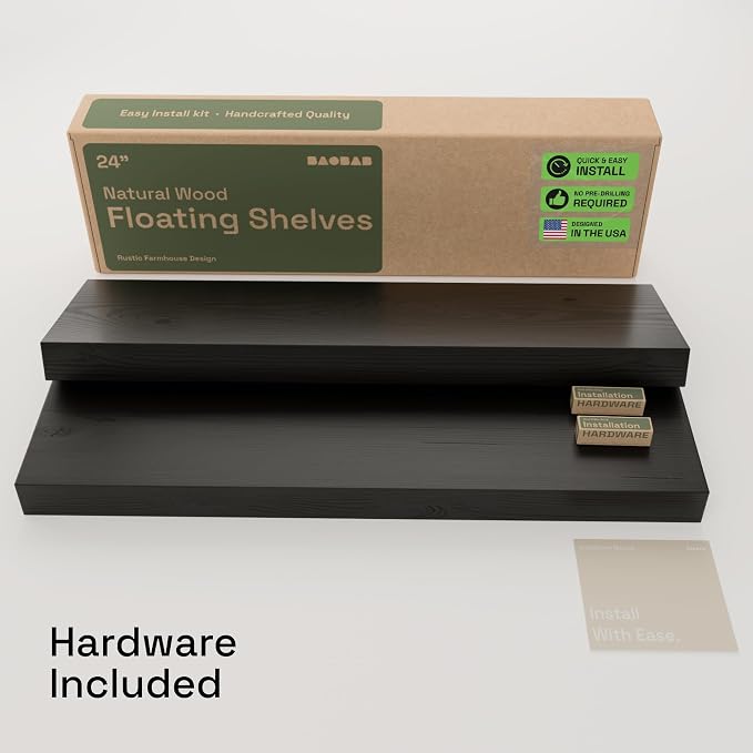 Solid Wood Floating Shelves for Wall 24 inch Black, Wooden Bathroom Shelf | Real Wood, Wall Mounted, Heavy Duty, Bedroom Kitchen Living Room, Black Finish, 24W x 6.7D, Set of 2
