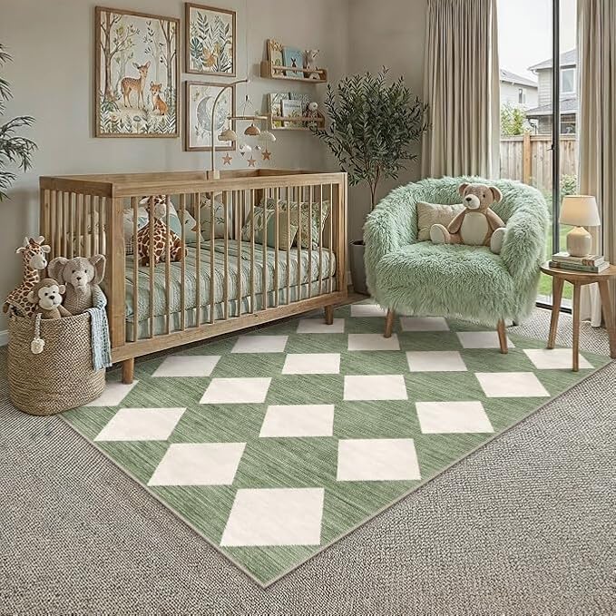 PureCozy Machine Washable 3x5 Area Rugs for Entryway Modern Soft Green and White Checkered Indoor Door Mats Non-Slip Stain Resistant Low Pile Accent Small Rug for Bedroom Kitchen Laundry Entrance