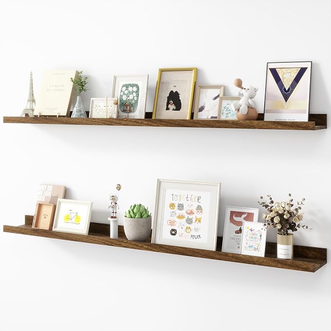 Acovy Picture Ledge Shelf, Wood, 48 inch, Set of 2, Walnut | Long Floating Shelves, Wall Mounted, For Living Room Kids' Room Bedroom, Photo Ledge Nursery Book Shelves