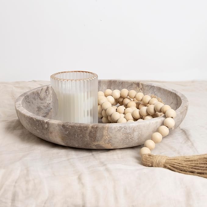 Shelf & Nook Travertine Decorative Bowls for Home Decor. Key Bowl for Entryway Table in a Choice of 5 Colors (Silver-Grey, Large)