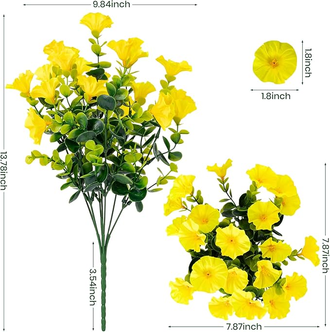 Nigirior Artificial Faux Flowers for Outdoor 16 Bundles Boxwood Fake Morning Glory for Planter,UV Resistant Fake Flowers for Home Porch Patio Outside（Yellow）