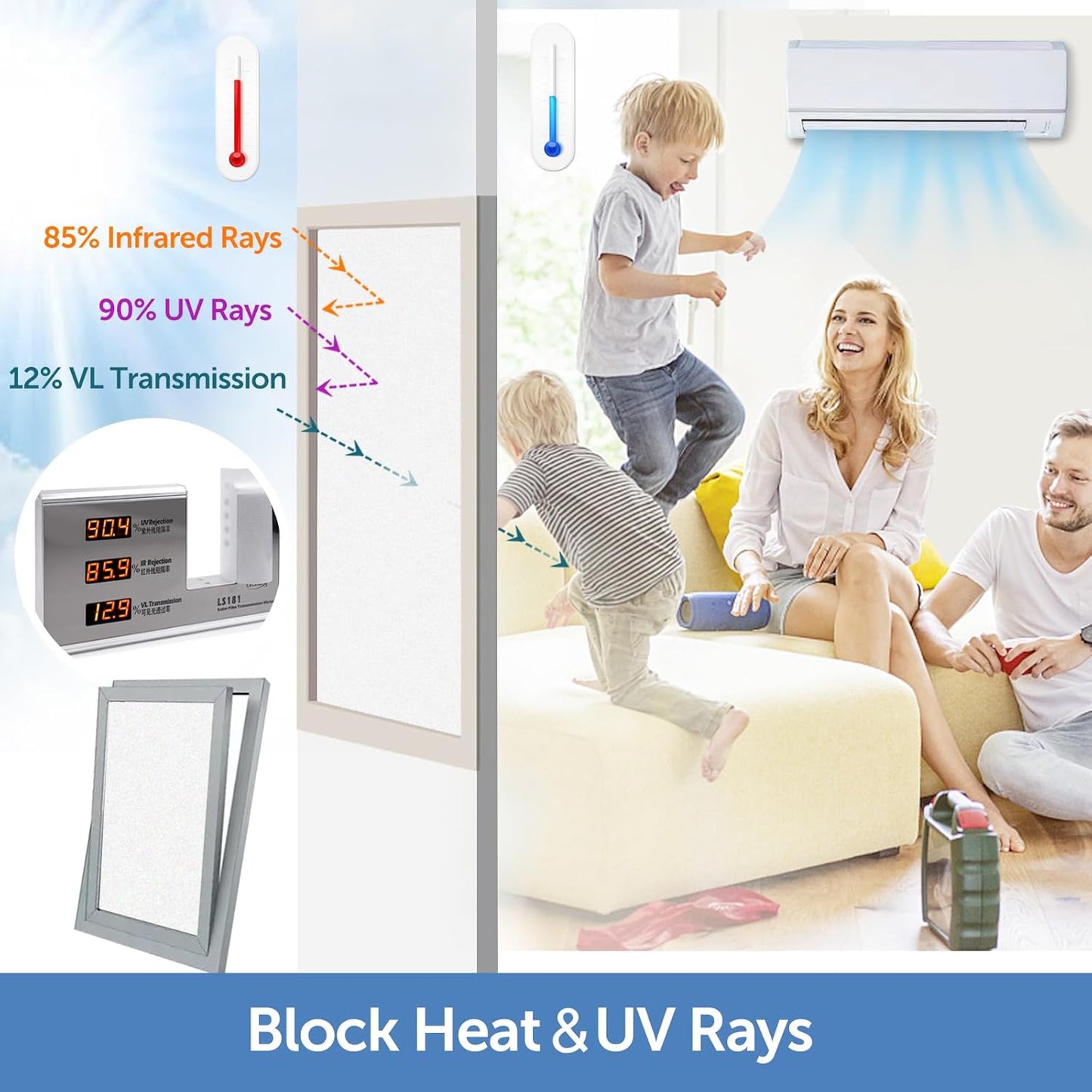 HIDBEA Frosted Window Privacy Film - Non Adhesive Static Cling Glass Stickers Sun UV Blocking Heat Control Door Covering Decals for Home Office, 35.4 x 196.8 Inch