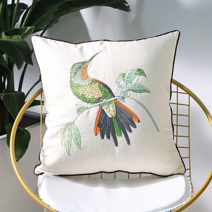 Set of 2 Embroidered Decorative Throw Pillow Covers Couch Square Pillowcases Cushion for Bedroom Sofa Farmhouse Decor 18x18 Inch (Hummingbird)