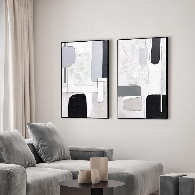 SAFERRYHOME Abstract Textured Hand Painted Wall Art, Large 3D Texture Minimalist Framed Canvas Wall Decor, Modern White Black Painting Geometric Artwork for Home Office Living Room, 24"x36"x2