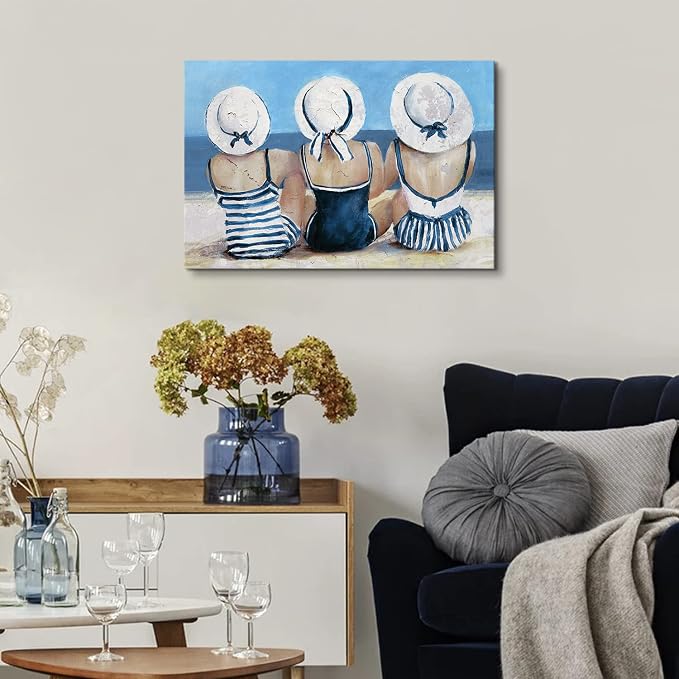Beach Girls Wall Art Coastal Room Wall Decor Vintage Ocean Landscape Picture Nautical Bathroom Canvas Prints 16x24”, Retro Seascape Poster Swimsuit Girl Painting Modern Artwork Bedroom Decoration