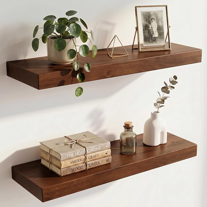24 inch Floating Shelves for Wall, High End Solid Real Wood Floating Shelf with Heavy Duty Invisible Bracket 24in Long Wooden Wall Shelves for Living Room, Bedroom, Kitchen, Bathroom, Set of 2, Walnut