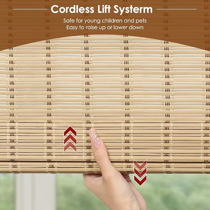 Cordless Bamboo Roman Shades, Light Filtering Bamboo Blinds Shades for Indoor Windows, UV Protection Roll Up Blinds for Home, Office, 23" W x 64" H, Natural