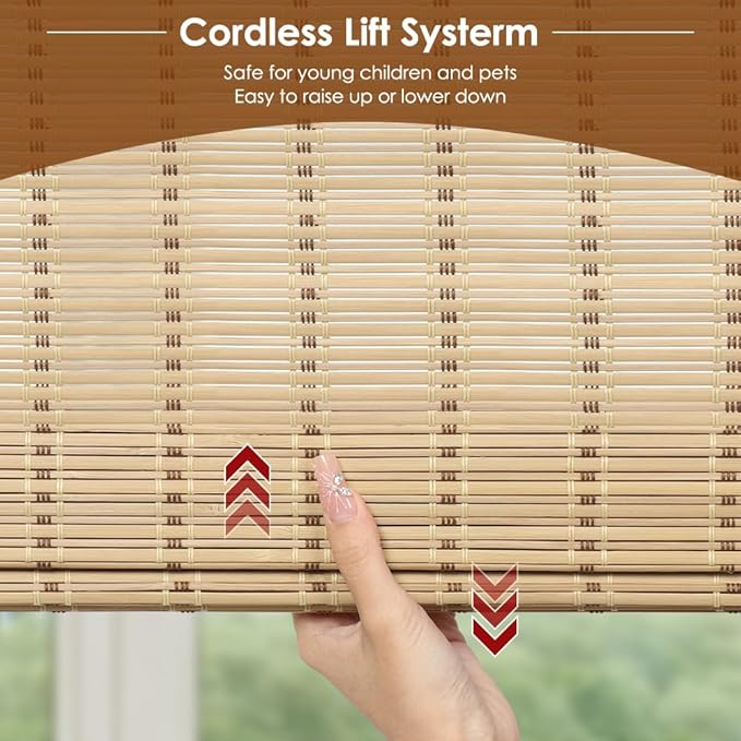 Cordless Bamboo Roman Shades, Light Filtering Bamboo Blinds Shades for Indoor Windows, UV Protection Roll Up Blinds for Home, Office, 34" W x 64" H, Natural