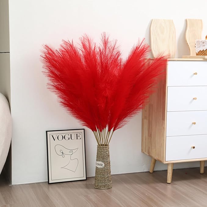 Wertuirk Red Pampas Grass Decor - 45-Inch Set of 8 | Artificial Large Pampas Grass Soft and Fluffy | Long Faux Flower | Perfect for Wedding Centerpieces, Farmhouse, Living Room Decor