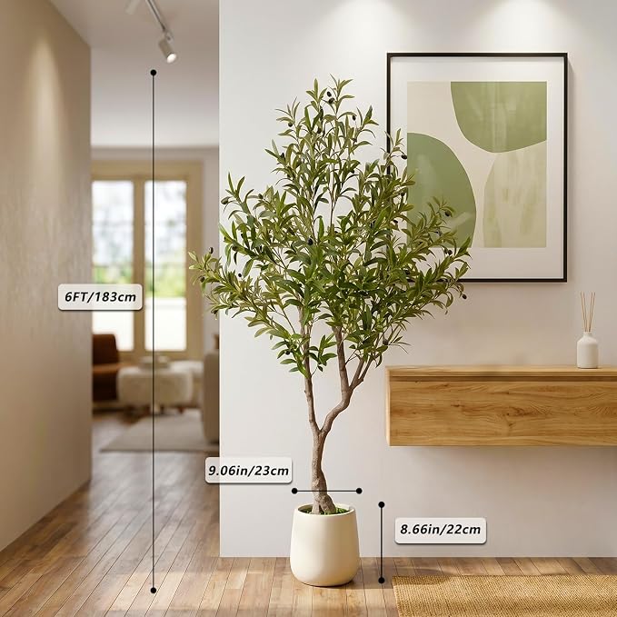 LYLYFAN Olive Tree Artificial Indoor 6FT Faux Olive Tree with White Tall Planter, Fake Olive Tree with Realistic Branches and Lifelike Fruits for Home Office Decor