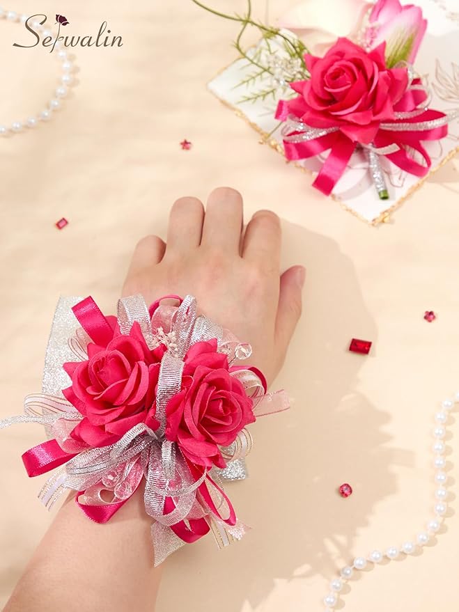 Serwalin Hot Pink Prom Corsage and Boutonniere Set, Artificial Calla Lily & Rose Wrist Corsage Wristlet for Homecoming, Formal Dance, Wedding Flowers Accessories Party Suit Decorations