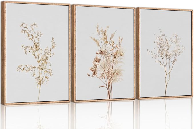 Ausril Wildflower Floral Framed Canvas Wall Art Set, Beige Botanical Wall Decor, Minimalist Nature Flower Wall Painting, Modern Boho Farmhouse Art Print for Living Room, Bedroom, Office- 24"x36"x3