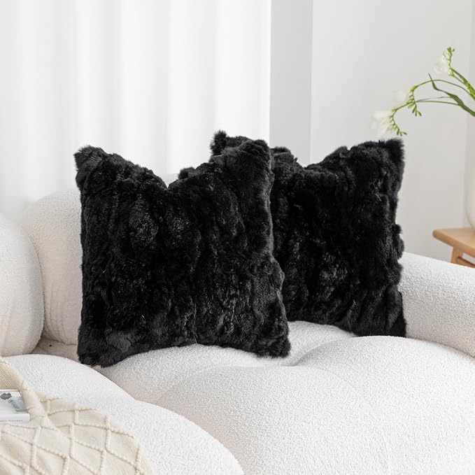 Genuine Rabbit Fur Throw Pillow Covers Set of 2,Luxury Decorative Pillowcases Soft Fluffy Animal Skin Accents Square Cushion Cover for Couch Sofa Bedroom Living Room Home,18x18 inch,Black
