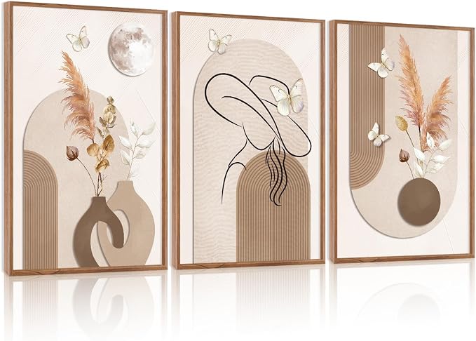 CHDITB Boho Neutral Framed Canvas Wall Art, Minimalist Line Art Woman Artwork, Pampas Grass Botanical Wall Decor, Beige Brown Painting, Abstract Geometric Art Prints for Living Room Bedroom 24"x36"x3