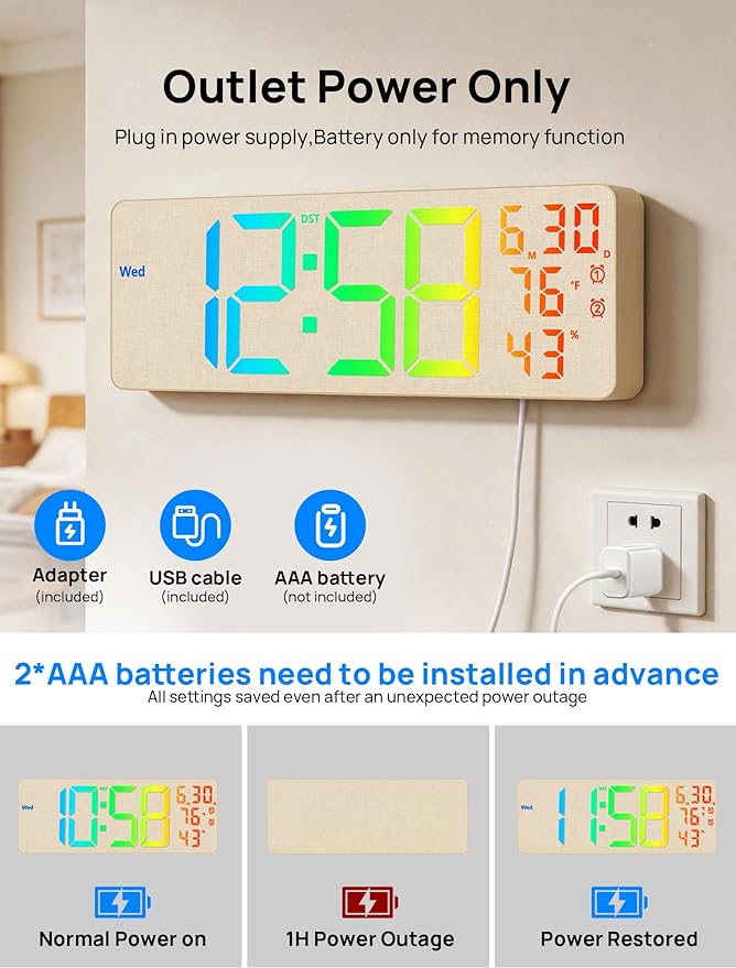 MASHI 2026 Upgrade 17.3" Large Digital Wall Mount Clock, Digital Clock with Remote Control, Alarm, Big LED, RGB Color, DST, Temperature for Living Room,Classroom, Bedroom, Decor (Beige)