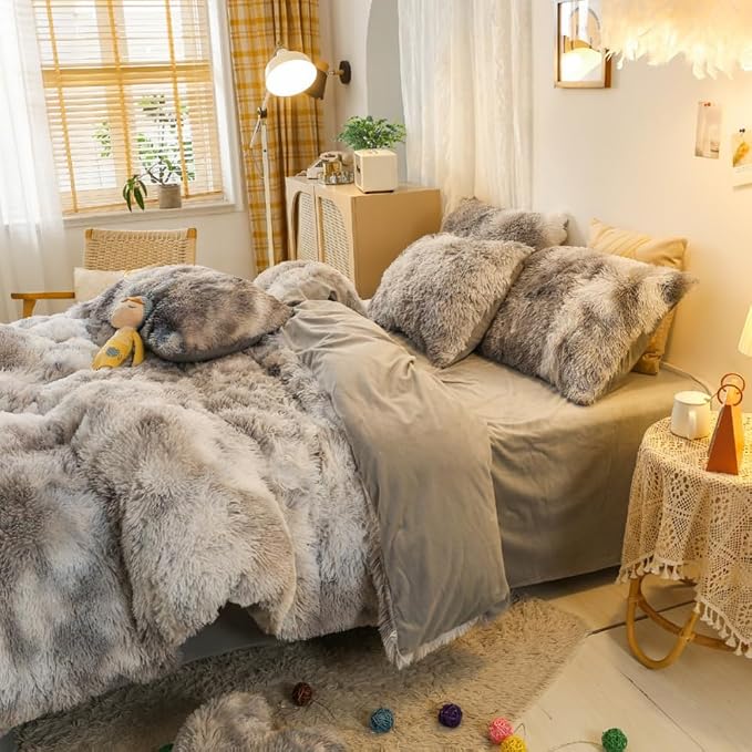chovy Faux Fur Plush Tie-Dyed Black White Gray Colorful Comforter Sets Twin/Full Size - Ultra Soft Shaggy Flannel Velvet Fluffy Fuzzy 3PC Bedding Set (Comforter x 1 Pillowcases x 2)