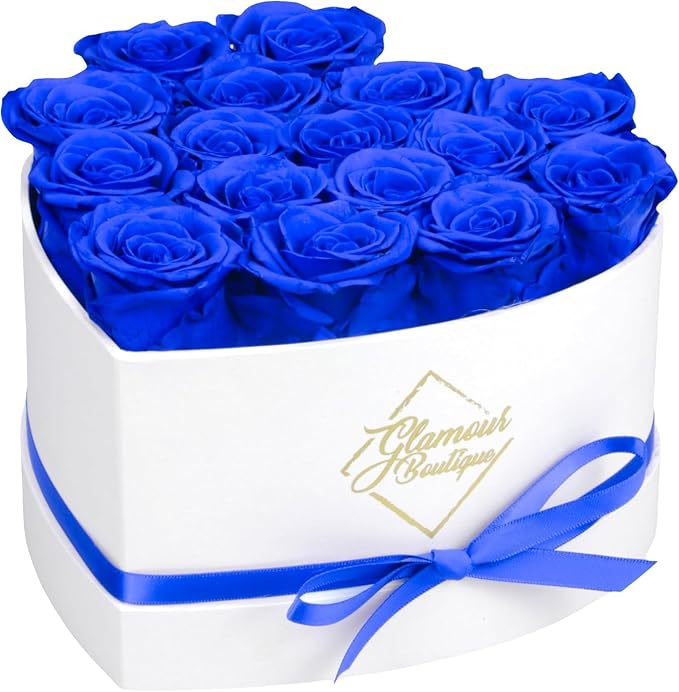 GLAMOUR BOUTIQUE Preserved Roses in a Box - Gifts for Her, Wife & Mom, Rose Flowers Forever Decor for Birthday Gift, Get Well Flower Bouquet Cased in White Box with Cover, Blue, 16 (Color-Treated)